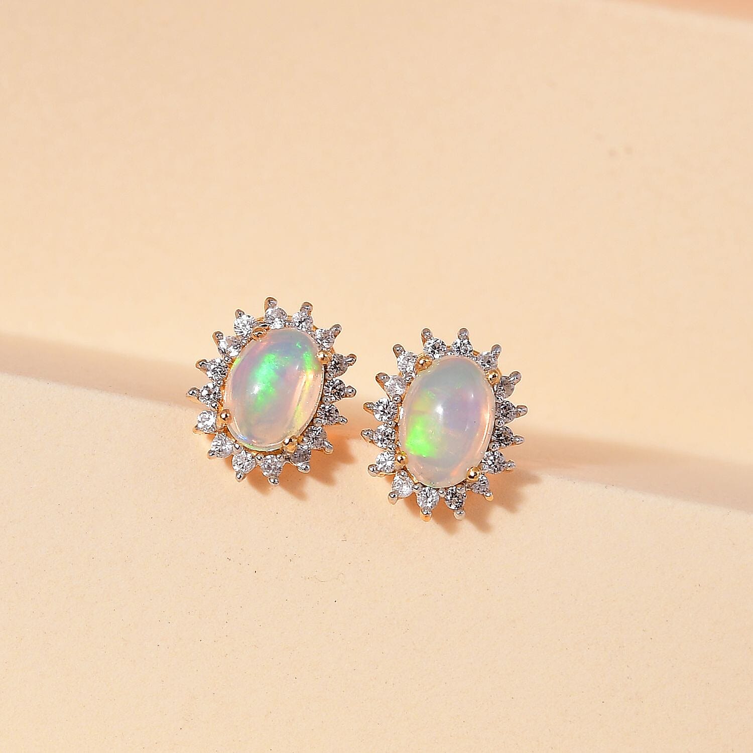 Ethiopian Welo Opal & Natural Zircon Halo Stud Earrings with Push Back in 18K Vermeil Yellow Gold Plated Sterling Silver 1.39 Ct.